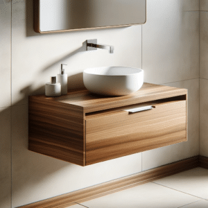 Image of a wooden bathroom vanity with cabinets.